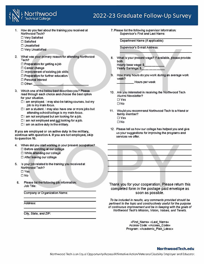 Graduate Follow Up Information Northwood Technical College