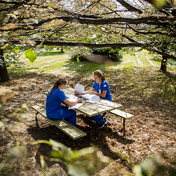 Two students wearing their nursing uniforms, studying at a picnic table under a tree