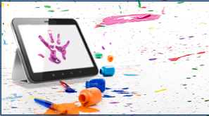 Paint splattered everywhere and a hand print on a computer screen